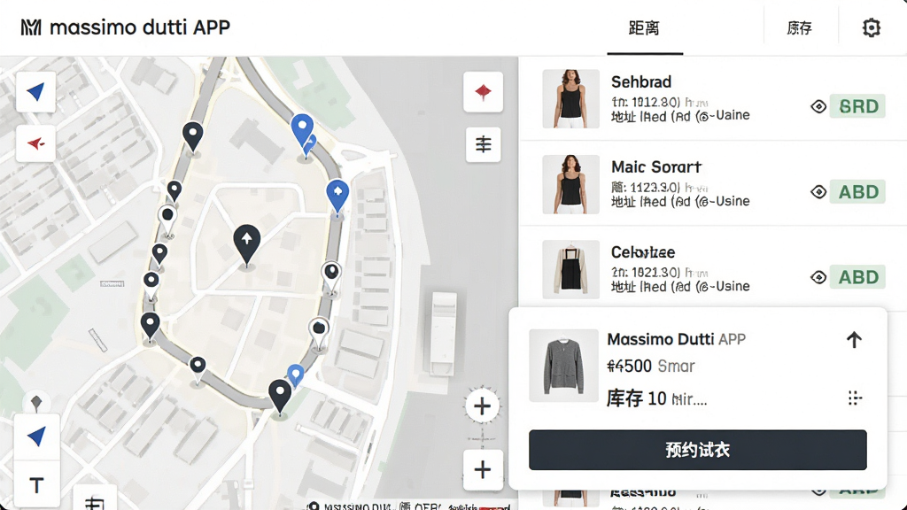 Massimo Dutti APP�ŵ����ѯ���棬�������Ϊ��ͼ��λչʾ�ܱ��ŵ�ֲ����Ҳ�Ϊ�ŵ��б���ʾ���롢��ַ��Ӫҵ״̬���ײ���������չʾĳ�ŵ�Ŀ�������롰ԤԼ���¡���ť������Ϊ��ɫ���������ʵ�ã�ϸ�ڰ�����ͼ��ǡ�������ͷ�����������֣����ʸ��壬����ɾ����޶���Ԫ��