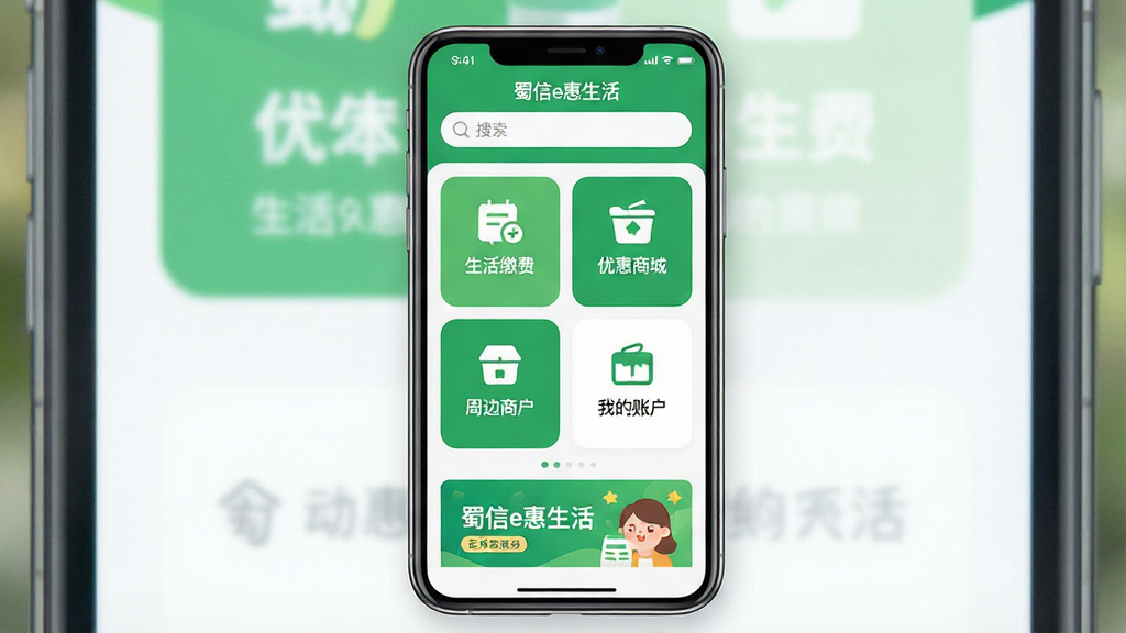 һ���ֻ�Ӧ�ý���չʾͼ����������Ϊһ�����������ֻ�����Ļ����ʾ������e�������ҳ����������ɷѡ��Ż��̳ǡ��ܱ��̻����ҵ��˻��ĸ�������ڿ�Ƭ������Ϊ�Ϸ����������в����ܹ����·��������Ű��������������Ϊ�ִ���ƽ������APP���棬ϸ����ͼ��Բ����ɫ����ɫ�Ͱ�ɫΪ�������ֱ�ע������e������������������ɾ����޶���Ԫ��