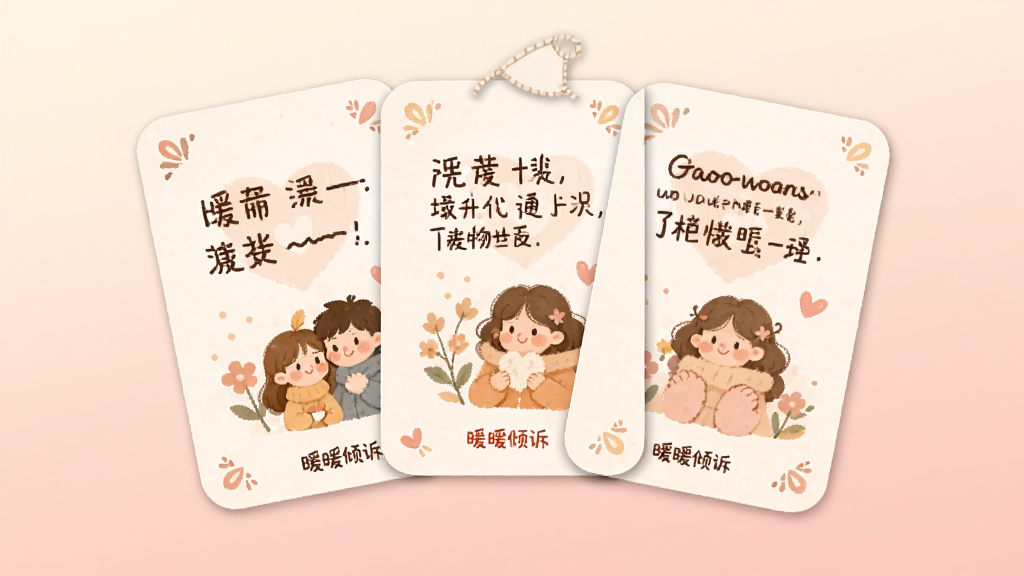 ��������չʾ����Բ�ǿ�Ƭ���ţ���Ƭ��ӡ��ů����¼��廭ͼ��������Ϊ����ɫ���䣬���ֿ�Ƭ�������£���������ܰ��ϸ�ڿɼ���ůů���ߡ���ʶ��װ�λ��ƣ����������ɾ�