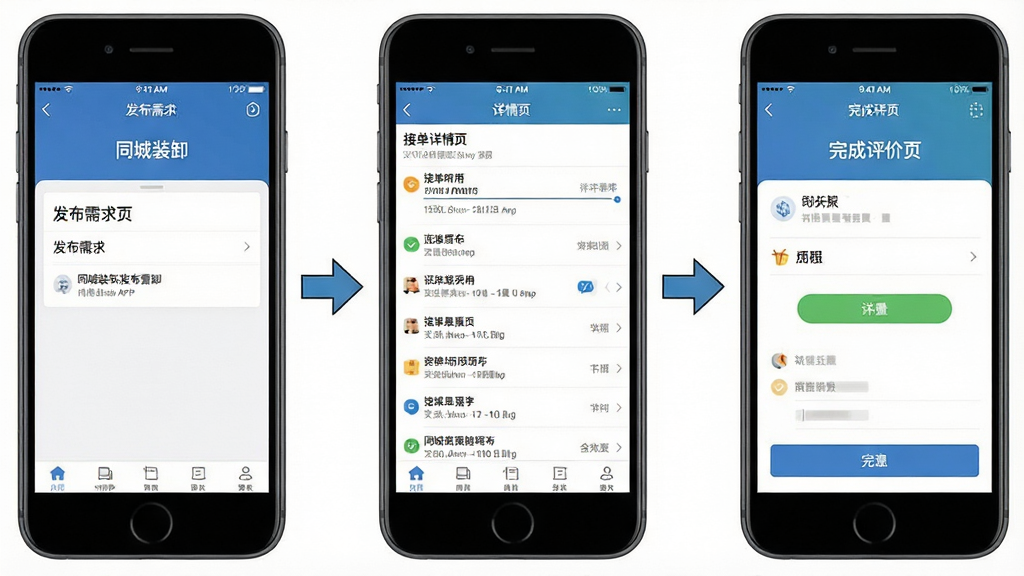 一张手机界面操作流程图,主体为三部并排的手机屏幕,分别展示“同城装卸”App的发布需求页、接单详情页与完成评价页;布局为三部手机横向排列,中间用箭头连接;风格为流程演示风;细节上每部手机屏幕内容清晰,界面文字可辨;画质高清,干净,无多余元素