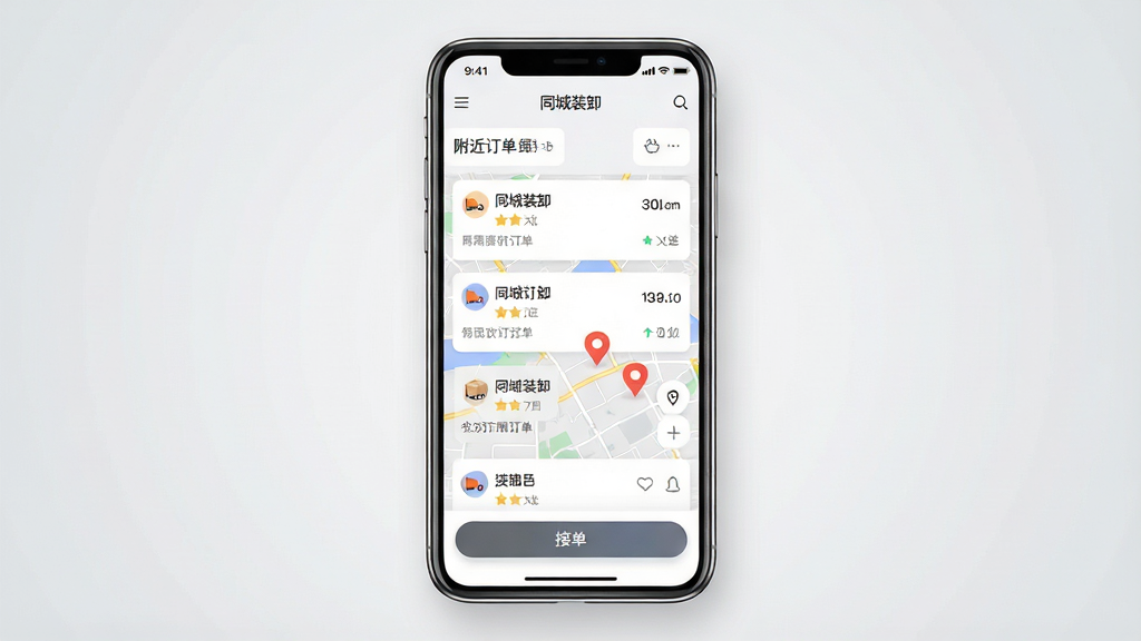 一张手机应用界面展示图,主体是一部竖屏智能手机,屏幕内显示“同城装卸”App的首页界面,包含附近订单列表、地图定位标记与接单按钮;布局为手机居中放置,背景为浅灰色渐变;排版上手机屏幕占据画面主要视觉区域,界面元素排列整齐;风格为现代简约的UI展示风;细节上手机边缘有轻微光影,屏幕内图标与文字清晰可见;画质高清,干净,无多余元素