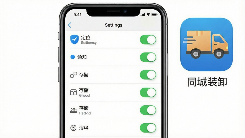 一张手机权限设置界面示意图,主体为手机屏幕展示应用权限管理页面,包含定位、通知、存储等权限开关,旁边有“同城装卸”应用图标;布局为手机居中,权限列表纵向排列;风格为系统设置界面写实风;细节上开关状态清晰,图标可辨;画质清晰,干净,无多余元素