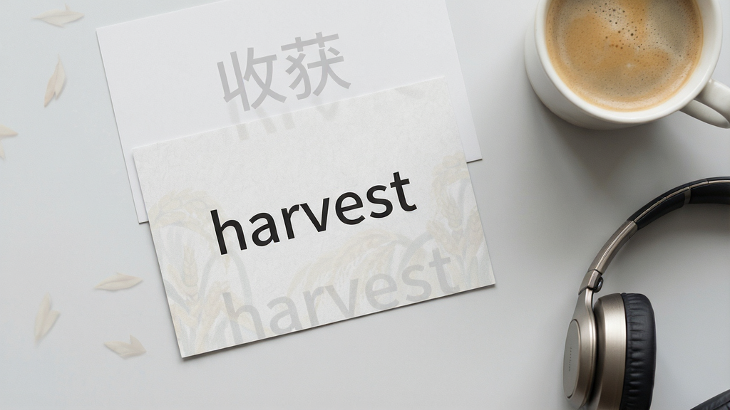 һ��ǳ��ɫ�����Ĵʻ㿨Ƭƽ���������ϣ���Ƭ����ӡ��Ӣ�ĵ��ʡ�harvest����������Լ͸���������塰�ջ񡱣���Ƭ�Ա߷���һ�����Ⱥ�һ�����������������͡�����Ϊ����ƽ�̹�ͼ����Ƭλ�ڻ�������ƫ�󣬿��ȱ������Ͻǵ�׺�����Ϊ����ѧϰ�����磬ϸ���Ͽ�Ƭֽ������΢�������ּ����������ʸ��壬����ɾ����޶���Ԫ�ء�