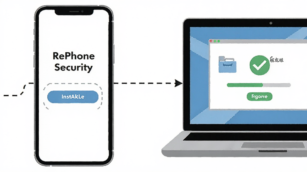 ����Ϊһ���ֻ���һ̨�ʼǱ����Բ��Űڷţ��ֻ���Ļ��ʾRePhone Security��װ����ҳ��������Ļ��ʾ�ļ�У����棻����Ϊ���Ҳ��й�ͼ���м����������ӣ��Ű�������ͻ�����˲������죻���Ϊ���Ľ̳�ʾ��廭��ϸ�ڰ�����װ��ť����������У��Թ�ͼ�ꣻ�����������ɾ����޶���Ԫ��