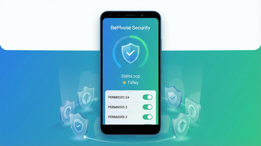 ����Ϊһ̨���аڷŵİ�׿�����ֻ����ֻ���Ļ����ʾRePhone Security�İ�ȫ�����棬��������ͼ����״̬���֣����ֲ��þ��жԳƹ�ͼ���ֻ��·����ü�ö��͸����ȫͼ�껷�ƣ��Ű��࣬�Ϸ����������Ӿ����������Ϊ�ִ��Ƽ��б�ƽ�廭�����̽�����ɫ����ϸ�ڰ�����Ļ�ϵĽ��Ȼ���Ȩ�޿����б���ϸ΢�Ĺ�������Ӱ�������������ɾ����޶���Ԫ��