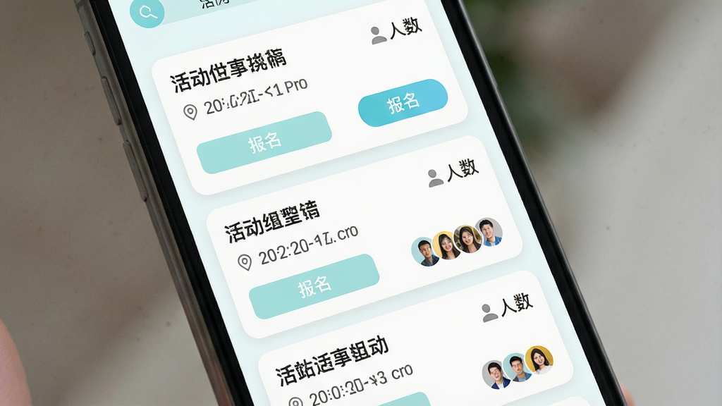一张展示活动发起界面的写实图片,主体为手机屏幕上的活动卡片列表,布局为卡片纵向排列、每张卡片含标题与人数图标,风格清新浅色,细节包含时间地点文字、报名按钮、头像组,画质清晰干净,无多余元素