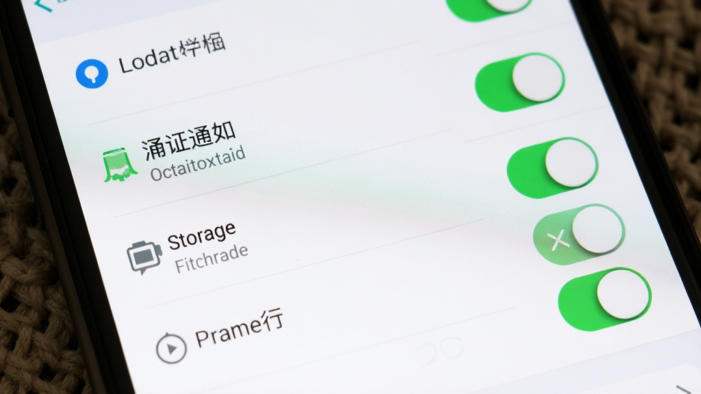 一张展示手机应用权限设置界面的写实图片,主体为手机屏幕上的权限开关列表,布局为列表纵向排列、开关高亮显示,风格简洁明快,细节包含定位、通知、存储等条目,画质清晰干净,无多余元素