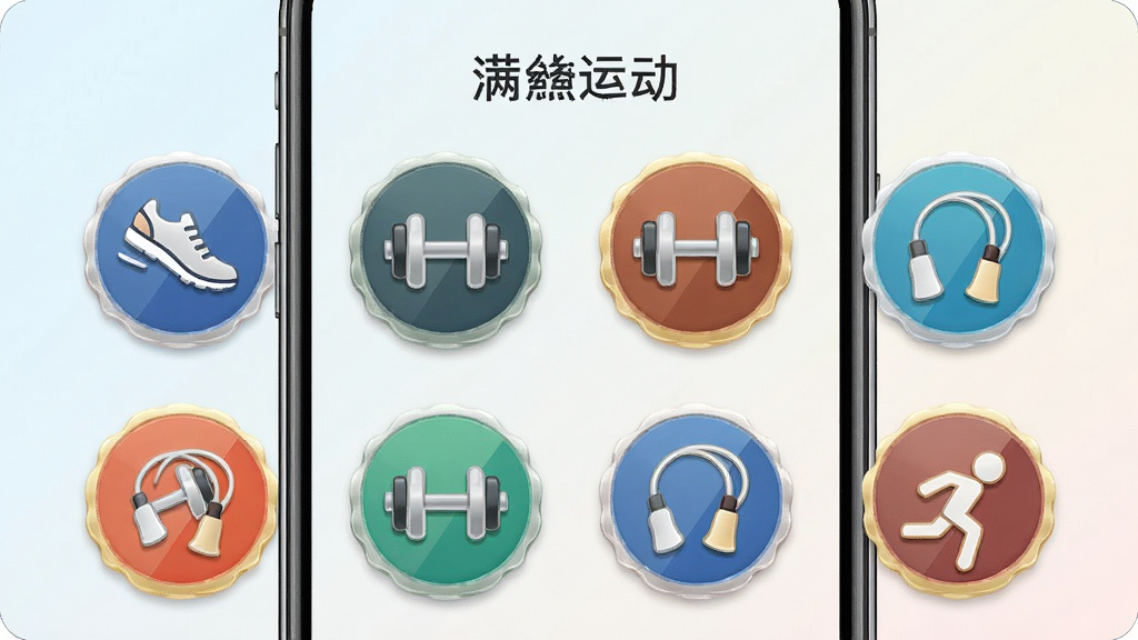 一张以“满分运动”成就徽章墙为主题的界面截图示意,画面中心为手机屏幕内排列整齐的圆形徽章图标,背景为浅色渐变,布局上徽章呈三行四列分布,风格为现代简洁的UI设计,细节上每个徽章带有不同的运动符号如跑鞋、哑铃、跳绳,画质清晰锐利,整体干净无杂乱