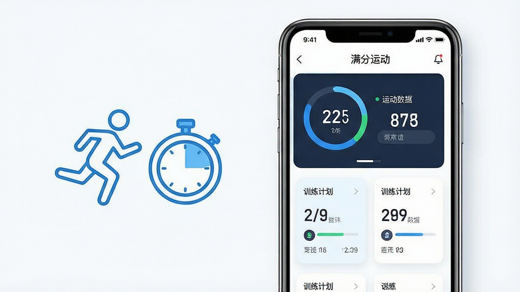 一张展示“满分运动”手机应用主界面的产品示意图,画面中央是一部竖屏智能手机,屏幕内显示运动数据仪表盘与训练计划卡片,布局上手机位于画面正中偏右,左侧以简洁线条勾勒出跑步小人与计时器图标作为装饰,整体采用清爽的蓝白配色风格,细节上突出界面中的圆形进度环与数值模块,画质清晰干净,无多余杂乱元素