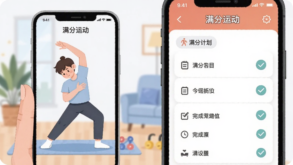 画面主体为一位年轻人在室内跟随手机应用做拉伸动作,手机屏幕显示“满分运动”的训练计划界面,布局采用左右分栏,左侧为人物动作示范,右侧为手机界面特写,风格为扁平化插画,细节上强调计划列表与完成勾选标记,画质干净明亮,无多余装饰元素