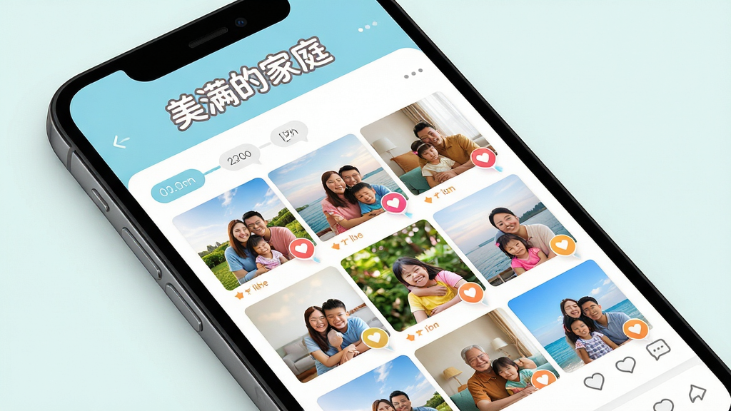 ��������Ϊһ���ֻ���Ļչʾ��ͥ�����棬���ֲ���б���ӽǣ���Ļ���ǾŹ�����Ƭǽ��ʱ�����ǩ���Ű����������ơ������ļ�ͥ����Բ���������ڽ��涥�������Ϊ����UIչʾ�磬ϸ�ڰ�����Ƭ����ͼɫ�����졢����ͼ�����������ݵ�׺��䣬���ʸɾ��������޶���װ��Ԫ��