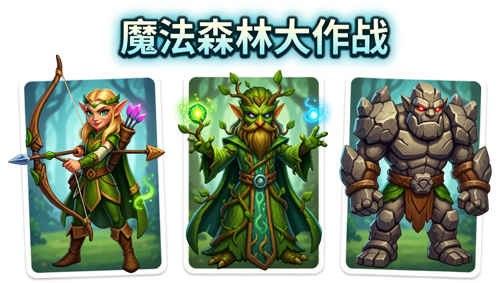 画面中央为多位造型各异的森林精灵角色并排站立,包括持弓精灵、藤蔓法师与岩石守卫,布局采用角色展示卡牌式排列,排版上方留白放置发光标题文字“魔法森林大作战”,风格为卡通奇幻角色立绘,细节突出精灵服饰纹理与魔法光晕,画质高清、干净、无多余元素