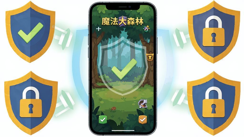 画面为一部智能手机屏幕显示魔法森林大作战游戏主界面,布局手机居中、周围环绕盾牌与锁形安全图标,排版简洁直观,风格为扁平化安全提示插画,细节包含勾选标记与防护光线,画质高清、干净、无多余元素