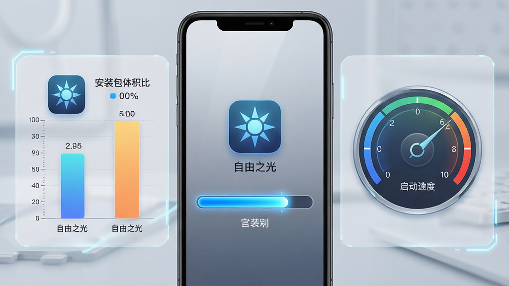 画面主体为一部手机屏幕显示“自由之光”安装进度条与启动图标,进度条呈蓝色发光状态;布局采用左右分栏,左侧为安装包体积对比示意,右侧为启动速度仪表盘;风格为清爽科技风,细节包括数字刻度、微光边框、简洁背景;画质清晰,画面干净,文字“自由之光”位于图标下方,无多余元素