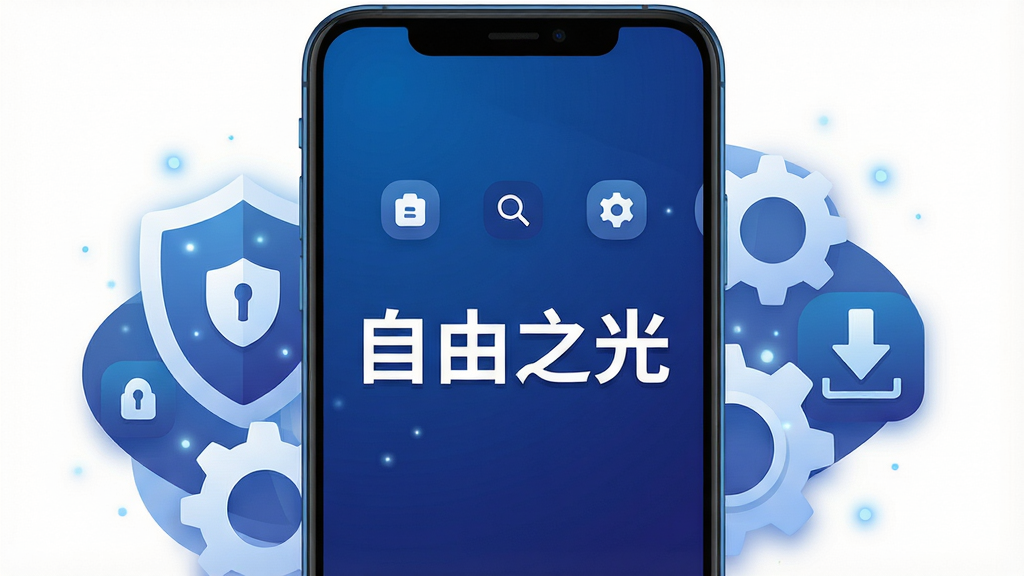 画面主体为一部竖屏安卓手机,手机屏幕中央显示“自由之光”软件主界面,界面采用深蓝渐变背景搭配白色功能图标,布局简洁清晰;手机两侧环绕盾牌、齿轮、下载箭头等安全与工具元素,整体排版居中对称;风格为现代扁平化科技插画,细节包括柔和光影、圆角图标、微光粒子效果;画质高清,画面干净,无多余元素,文字“自由之光”清晰醒目