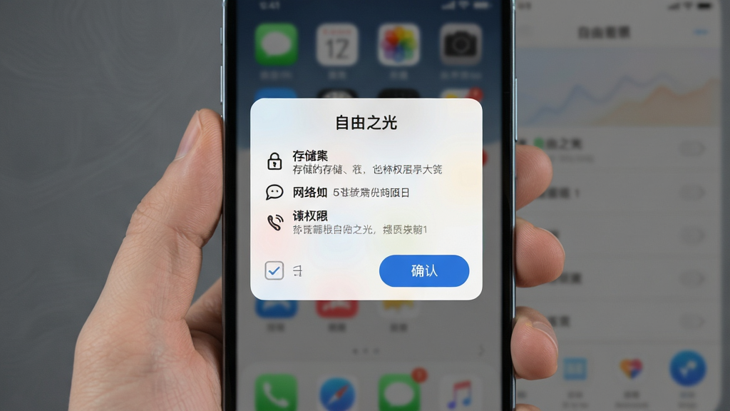 画面主体为手机屏幕弹出“自由之光”权限请求对话框,对话框内以图标加文字形式列出存储、网络等权限说明;布局为居中弹窗,背景为软件主界面虚化效果;风格为简洁UI展示风,细节包括勾选框、确认按钮、权限小图标;画质高清,画面干净,文字“自由之光”出现在弹窗标题处,无多余元素