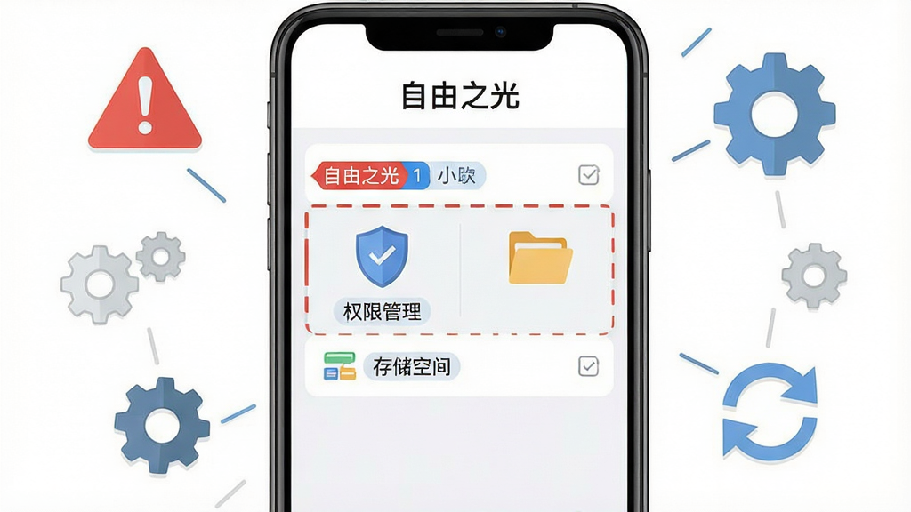 画面主体为一部手机屏幕显示“自由之光”设置界面,界面中高亮标注“权限管理”与“存储空间”两个选项,旁边配有盾牌与文件夹图标;布局为手机居中,四周环绕警示三角、齿轮、刷新箭头等元素;风格为扁平化信息图风,细节包括红蓝配色提示标签、简洁线条;画质清晰,画面干净,文字“自由之光”位于界面顶部,无多余元素