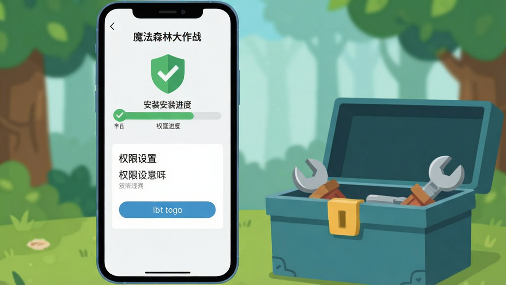 画面主体为一部智能手机屏幕显示游戏安装进度条和权限设置界面,旁边放置一个打开的工具箱,布局为手机居中、工具箱在右下角,排版简洁明了,风格为扁平化插画,细节包含勾选图标和盾牌安全标识,画质清晰干净,无多余元素,图片中写有“魔法森林大作战”