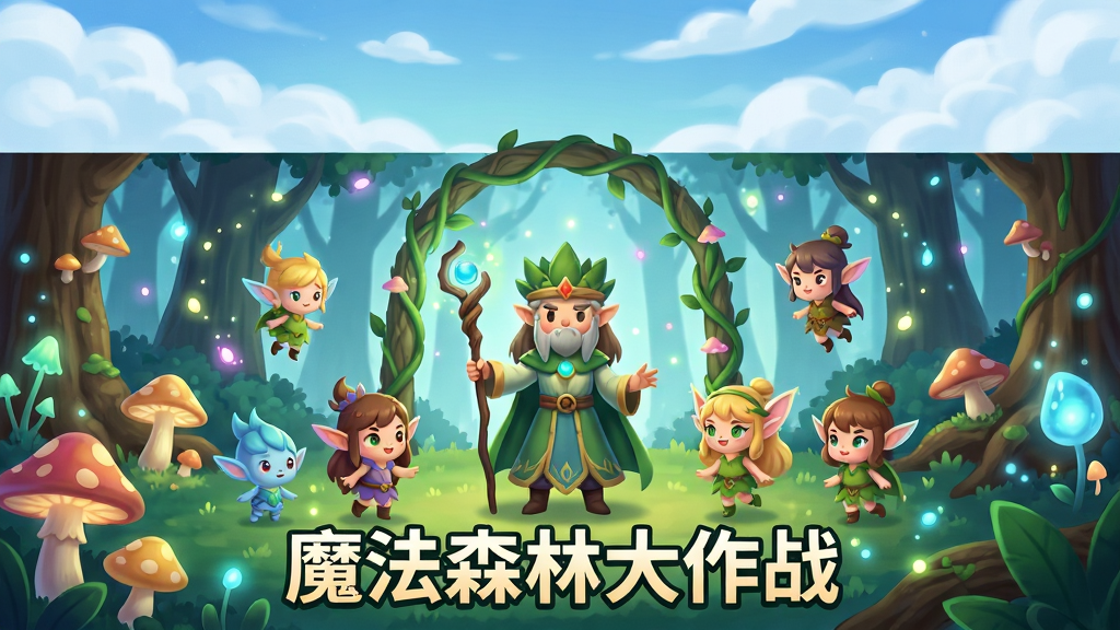 画面主体是一片充满魔法光效的奇幻森林,中央站立一位手持法杖的森林守护者,周围环绕着多个造型可爱的精灵角色,布局采用中心放射式构图,排版上方留出天空区域,风格为清新卡通风,细节包含发光蘑菇、藤蔓拱门和漂浮的魔法粒子,画质高清干净,无多余元素,图片中下方写有“魔法森林大作战”字样