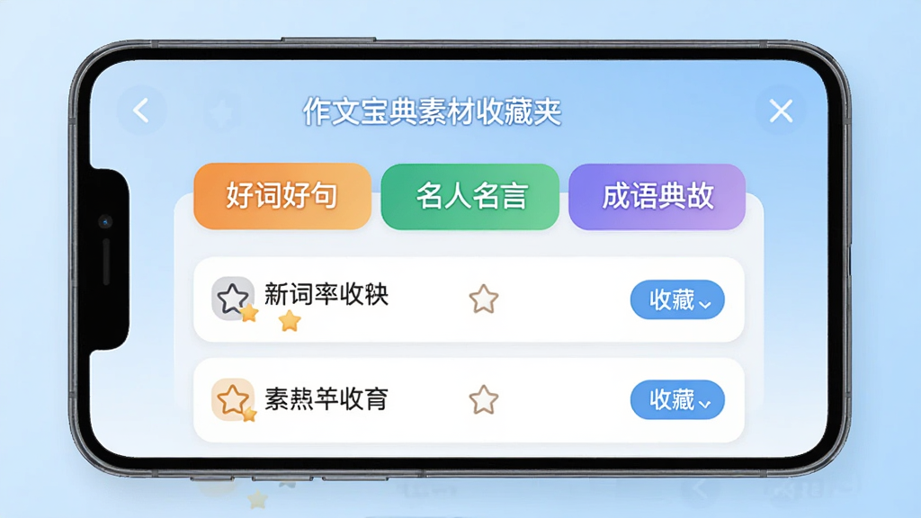 ����Ϊ���ı����ز��ղؼн��棬��Ļ����չʾ�����زĿ�Ƭ���������ôʺþ䡱���������ԡ��������ʡ�������ɫ��ǩҳ���·�Ϊ�ز��б����ղذ�ť������Ϊ�ֻ�����ƽ��չʾ������Ϊǳ��ɫ���䣬���Ϊ��ƽ������Ӧ�ý��棬ϸ�ڰ���ͼ�ꡢ���ֱ�ǩ���ղ��Ǳ��뿨ƬԲ�ǣ���������������ɾ����޶���Ԫ��