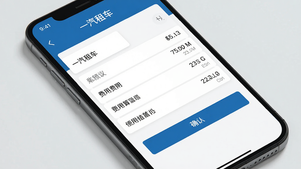 画面主体为手机屏幕特写,显示“一汽租车”订单结算页面,包含费用明细列表与确认按钮,布局为手机斜置于浅灰背景之上、屏幕内容占据画面主要区域,排版干净利落,风格为UI界面展示风,细节上数字与文字清晰可辨、配色以蓝白灰为主,画质高清、无多余元素