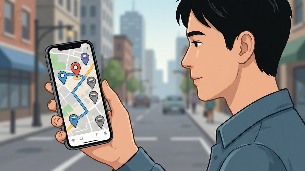 画面主体为一名用户手持手机查看地图界面,屏幕上以定位图标标注多个租车门店位置,布局为人物侧身半身像居于画面右侧、手机屏幕内容清晰可见于左侧,排版均衡,风格为生活化写实插画,细节包含城市街景虚化背景与地图路线线条,画质细腻、干净无多余装饰