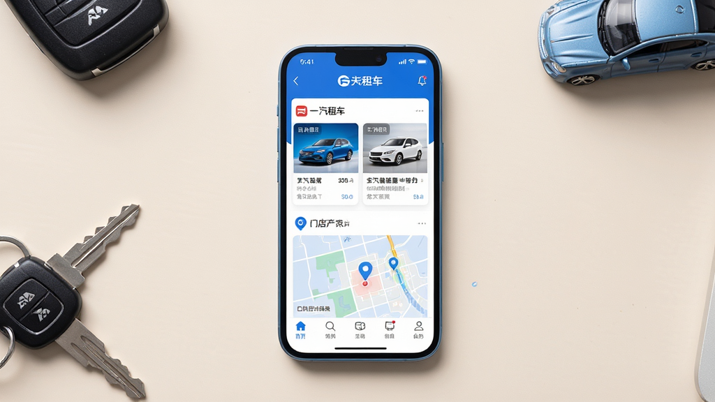主体为一部竖屏智能手机,屏幕中央展示“一汽租车”应用首页界面,包含车型卡片与门店地图元素,布局为手机居中放置于浅色桌面,周围点缀汽车钥匙与小型车模,排版简洁留白充足,风格为现代扁平化科技感,细节上手机边框圆润、界面配色以蓝白为主,画质高清锐利、干净无多余元素