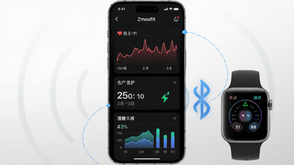 ��������չʾһ�������ֻ����ֻ���Ļ����ʾZmoofitӦ�õ������棬�����а����������ߡ�����ͳ�ƺ�˯�߷���ͼ�����ֻ��Ա߷���һ�������ֱ�������֮���õ���ɫ�����ź������ӣ�����Ϊ�ɾ���ǳ��ɫ���䣬��������Ƽ��У��Ű���жԳƣ�ϸ�����������ʸ��壬�޶���Ԫ��