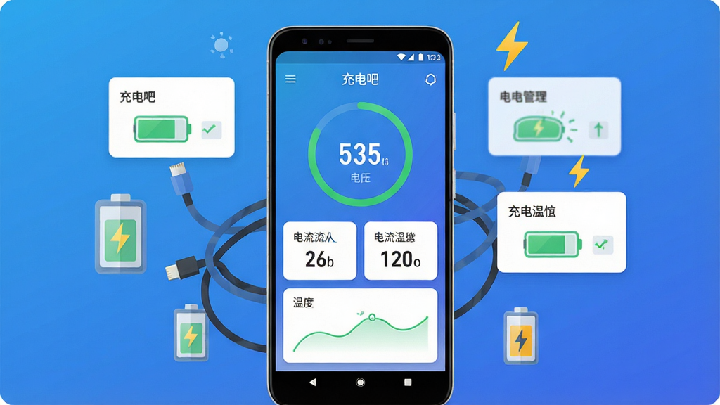 一张手机充电管理应用界面展示图,画面中央是一部竖屏安卓手机,屏幕显示充电吧应用主界面,包含电池电量圆环、电流电压数值卡片和温度曲线小图,手机周围环绕充电线、电池图标与闪电符号,布局简洁居中,排版以手机为主体、数据元素环绕四周,风格为清爽科技感扁平化设计,细节包含渐变蓝色背景、白色卡片、绿色电量指示,画质清晰干净,无多余元素