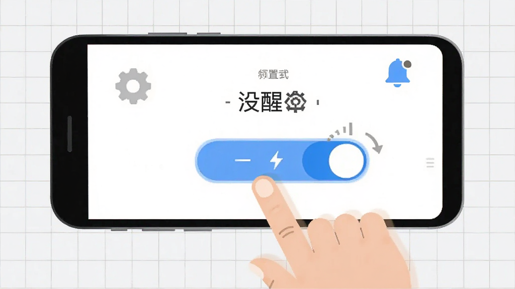 充电吧应用操作指引示意图,画面为一部手机显示充电提醒设置页面,旁边有手指点击滑块的动作示意,背景为浅色网格,布局以手机和手势为主体,风格为扁平化操作教程插画,细节包含蓝色滑块、通知铃铛图标、设置齿轮,画质清晰干净,无多余元素