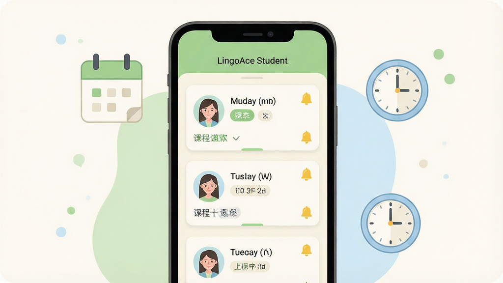 һ���γ̰��Ž���ʾ��ͼ������������һ�������ֻ����ֻ���Ļ��ʾ��LingoAce Student���γ̱�ҳ�棬ҳ������������һ�����յĿγ̿�Ƭ����Ƭ������ʦͷ���Ͽ�ʱ��Ϳγ����ƣ��ֻ��Ա�Ư��������ͼ���ʱ��ͼ�꣬����Ϊ�ֻ����С�ͼ�껷�ƣ����Ϊ���±�ƽ��UI�廭��ɫ����ǳ�̡��װ׺͵���Ϊ����ϸ�ڰ����γ�״̬��ǩ��������������������������ɾ����޶���Ԫ��