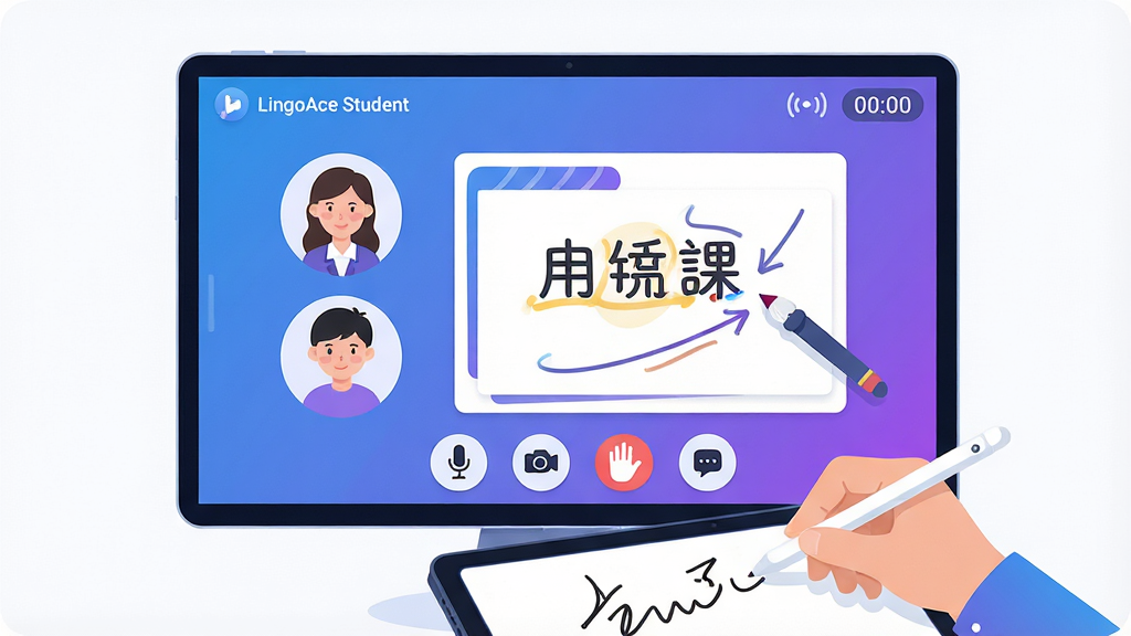 һ�����߿��û�������ͼ������������һ��������Ļ����Ļ����ʾ��LingoAce Student�����ý��棬��������һλ��ʦͷ���һλѧ��ͷ����Ļ�����Ǻ��ֿμ��뻭�ʱ�ע�ۼ�����Ļ�·���������˷硢����ͷ�����ֺ����찴ť����Ļ����һֻ�������Ŵ��ر���ƽ������д������Ϊ��Ļ���С��������ף����Ϊ�ִ��Ƽ��б�ƽ�廭��ɫ�������Ͻ���Ͱ�ɫΪ����ϸ�ڰ����źŲ���ͼ��Ϳγ̼�ʱ������������������ɾ����޶���Ԫ��