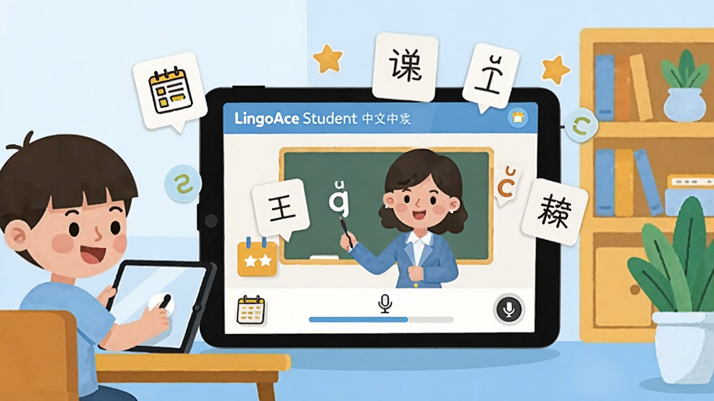 һ���ɾ������Ľ��������廭������������һ̨ƽ����ԣ���Ļ����ʾ��LingoAce Student���������Ŀ��ý��棬һλ��ͨ��ʦ������Ļ�н��Σ���ΧƯ���ź��ֿ�Ƭ��ƴ����ĸ������ͼ�꣬���������һλ΢Ц�Ķ�ͯ��������ǰʹ��ƽ�壬�Ҳ�����ܺ���ֲ�����岼�����Ҿ��⣬���Ϊ��ƽ����ͨ�廭��ɫ����ǳ����ů�ƺͰ�ɫΪ����ϸ�ڰ����γ̱�ͼ�ꡢ��˷簴ť�ͽ���������������������ɾ����޶���Ԫ��