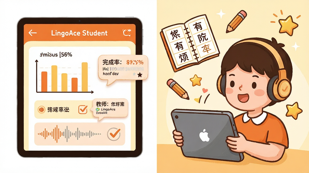 һ��ѧϰ��������ϰ�����廭�����������һ��ƽ����ԣ���Ļ����ʾ��LingoAce Student��ѧϰ����ҳ�棬������״ͼ������ʰٷֱȺͽ�ʦ�������ݣ������Ҳ���һλ��ͯ���Ŷ�������ƽ���������ΧƯ���ź�����ϰ����Ǧ�ʺ����ǽ���ͼ�꣬����Ϊ���ҷ��������Ϊ��ů��ͨ�廭��ɫ���Գ�ɫ��ǳ�ƺͰ�ɫΪ����ϸ�ڰ���¼�����κ͹�ѡ��ǣ���������������ɾ����޶���Ԫ��