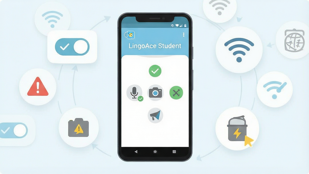 һ���ֻ�ʹ��ָ��ʾ��ͼ������������һ��������׿�ֻ����ֻ���Ļ��ʾ��LingoAce Student���豸���ҳ�棬ҳ��������˷硢����ͷ������������״̬ͼ�꣬�ֻ���ΧƯ����Ȩ�޿��ء�WiFi�źźͻ�������ͼ�꣬����Ϊ�ֻ����С�ͼ�껷�ƣ����Ϊ����ƽ��˵���廭��ɫ����ǳ������ɫ�ͻ�ɫΪ����ϸ�ڰ�����ѡ��Ǻ;�������ͼ�꣬��������������ɾ����޶���Ԫ��