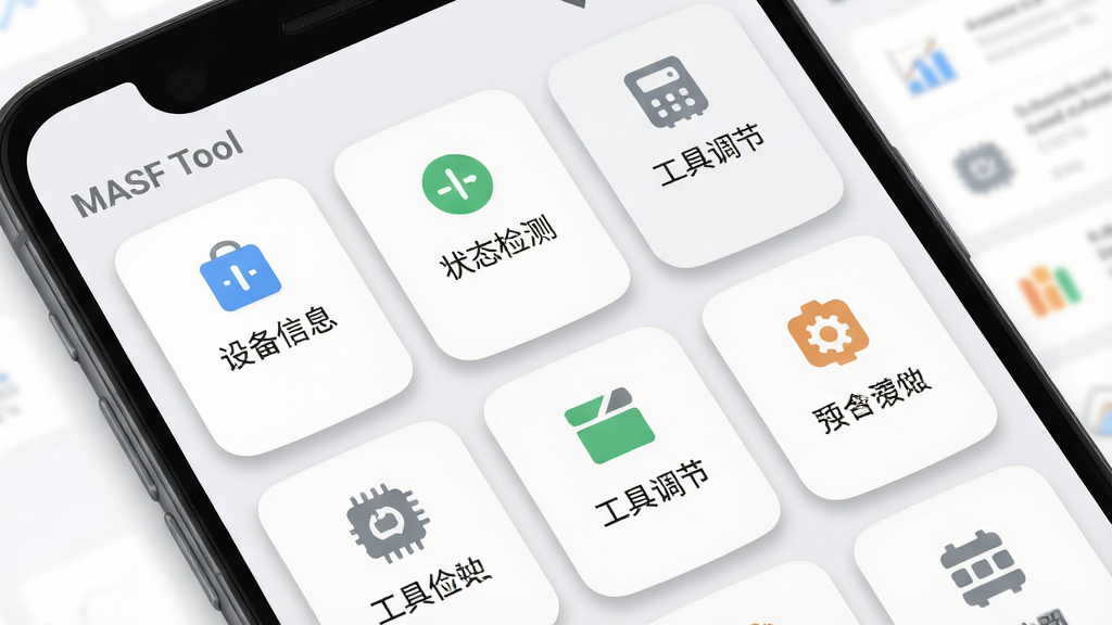 һ��չʾMASF Tool����ģ�鲼�ֵ�ʾ��ͼ������Ϊ��׿�ֻ����棬��Ļ�����������Ŷ�����ܿ�Ƭͼ�꣬�����豸��Ϣ��״̬��⡢���ߵ��ڵ�ģ�飬����Ϊ��ɫ��ǳ��ɫ���䣬�����ˬ����ϸ�����ֿ�Ƭ��Ӱ��Բ����ƣ����ʸ��壬�ɾ��޶���Ԫ��