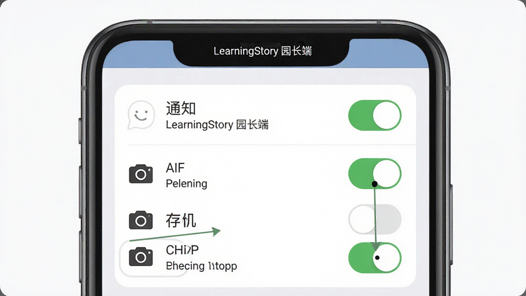 һ��չʾ�ֻ�Ӧ��Ȩ�����ý����ʾ��ͼ����������Ϊһ�������ֻ�����Ļ����ʾLearningStory ԰���˵�Ȩ�޹���ҳ�棬����֪ͨ���洢�������Ȩ�޿��أ�����Ϊ������д�����Ϊ����UI˵��ͼ��ϸ��ͻ���ѿ�������ɫ������Ȩ��˵�����֣����������������ɾ����޶���Ԫ��