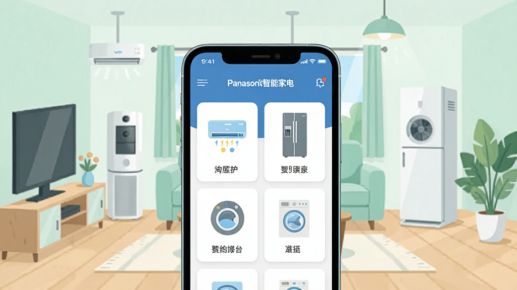 ����������һ�������ֻ�����Ļ����ʾ���������ܼҵ硱APP��ҳ���棬��Ƭʽ�������пյ������䡢ϴ�»����豸ͼ�꣬�ֻ���Χ�����ſ��������е����ܼҵ磬�����������ǳɫ��񣬱�ƽ���廭�ʸУ�ϸ�����������ʸɾ����޶���Ԫ��