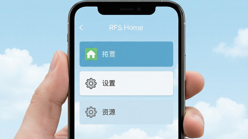 һ��չʾRFS HomeӦ���������ͼƬ������Ϊ�ֳ��ֻ�������ͼ����Ļ��ʾ���ı�ƽ�����ܲ˵����������������á���Դ������Ҫ��飬����Ϊ����ɫ������ƶ䣬�����ˬ���죬����������ϸ�ڸɾ��������������޶���Ԫ��