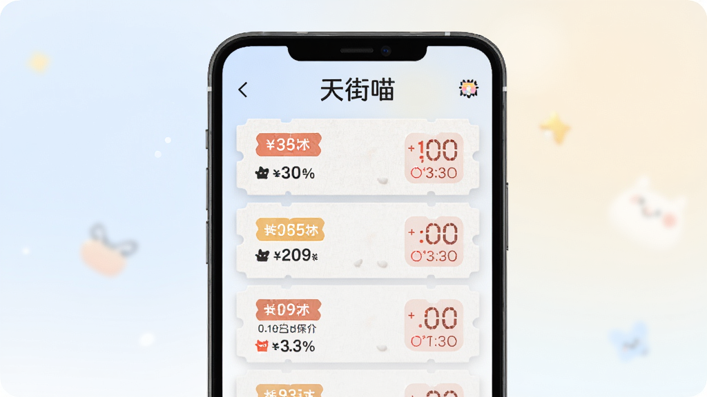 ����������һ��չ���ĵ����Ż�ȯ�б����棬���涥��д�С���������������б���Ŀ�����ۿ۱�ǩ�뵹��ʱԪ�أ�����Ϊ��ͽ���ǳɫ�����ֲ����������У�������ִ���ϸ�ڰ���ȯ��������Сͼ�꣬��������������Ԫ��
