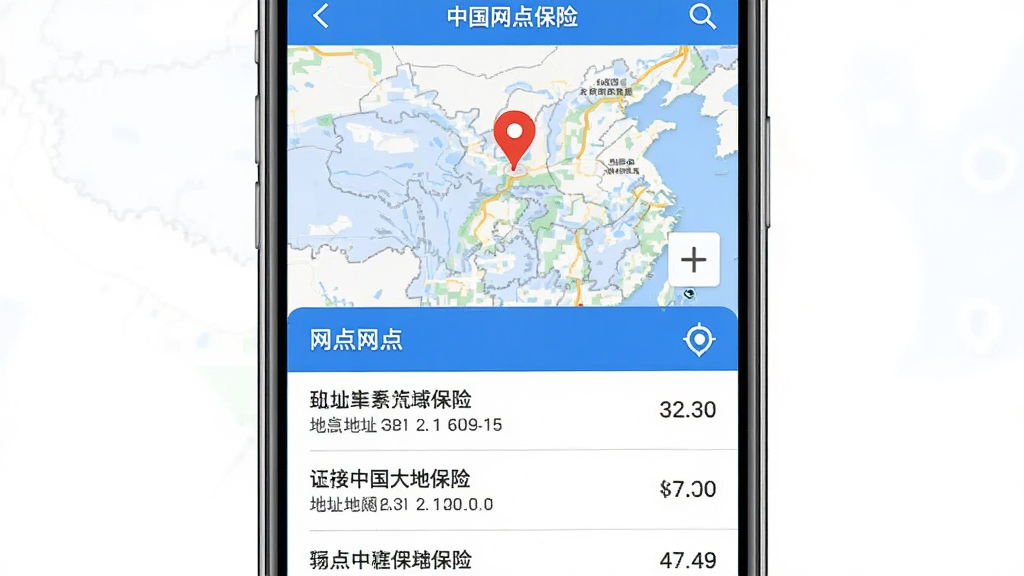手机界面展示中国大地保险APP服务网点地图页面,主体为手机屏幕,布局上地图占据上半屏显示定位标记,下半屏为网点列表含地址与距离信息,排版上下分区清晰,风格为地图蓝白配色实用风格,细节包括地图缩放控件、定位图标、列表项分隔线,画质清晰干净无多余元素