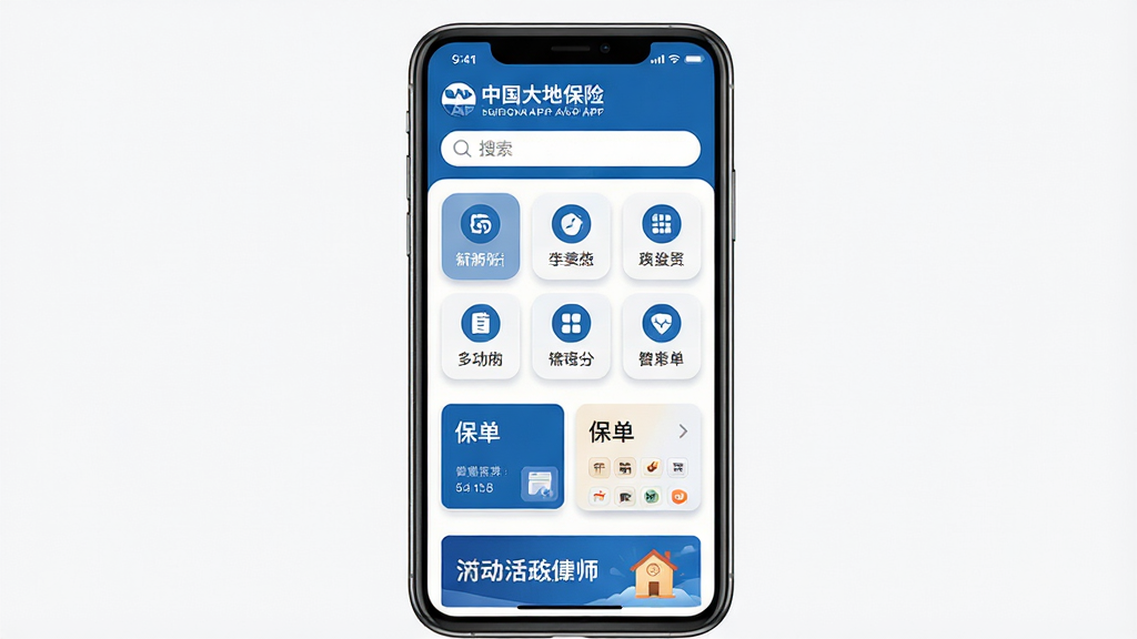 一张手机屏幕展示中国大地保险APP首页界面,画面主体为竖屏手机居中放置,布局上顶部为品牌标识与搜索栏,中部为功能图标网格排列,下方为保单卡片与活动横幅,排版简洁清晰,风格为现代扁平化商务蓝白色调,细节包括图标圆角、卡片阴影、状态栏信号电量显示,画质高清干净无多余元素