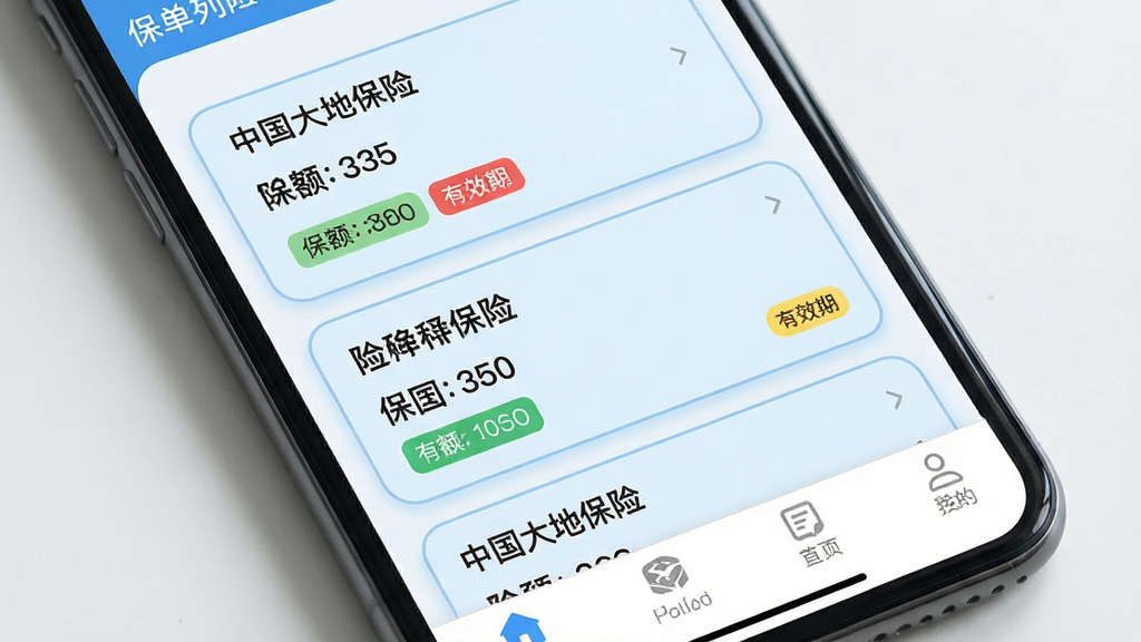 手机界面展示中国大地保险APP保单列表页面,主体为手机屏幕特写,布局上列表纵向排列多张保单卡片,每张卡片含险种名称、保额数字、有效期标签,排版左对齐信息层级分明,风格为清爽浅蓝商务风,细节包括卡片圆角描边、状态标签彩色区分、底部导航栏图标,画质清晰干净无多余元素