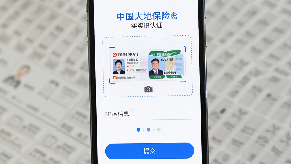手机展示中国大地保险APP实名认证页面,主体为手机屏幕特写,布局上顶部为提示文字,中部为身份证正反面上传框与信息填写栏,下方为提交按钮,排版垂直居中清晰,风格为简洁白底蓝字商务风,细节包括上传框虚线边框、相机图标、步骤指示点,画质清晰干净无多余元素