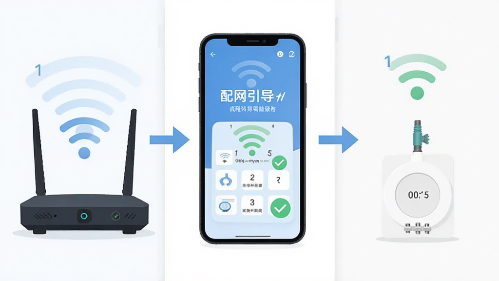 主体为手机屏幕展示配网引导页面,旁边放置路由器和智能开关;布局为左中右三栏,手机居中、设备分列两侧;排版以流程箭头串联;风格为扁平化教程插画;细节包括WiFi信号波纹、勾选图标、步骤序号;画质清晰、画面干净、无多余元素
