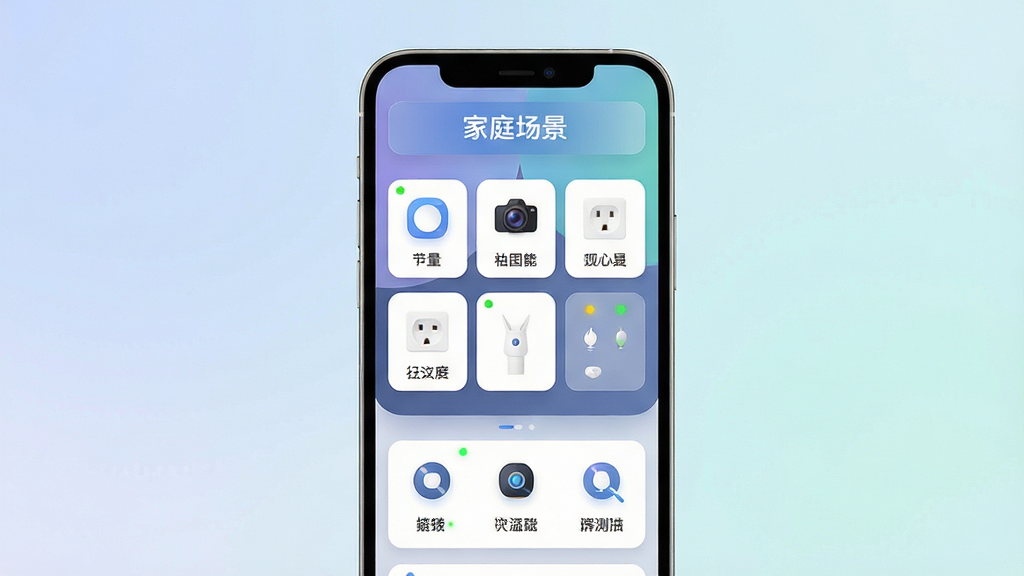 主体为一部智能手机居中展示,屏幕上排列智能开关、摄像头、插座等设备卡片;布局采用上下分区,上方为家庭场景标题栏,下方为设备控制面板;排版简洁清晰,图标与文字对齐;风格为现代科技感扁平化设计;细节包括柔和渐变背景、圆角卡片、设备状态指示灯;画质高清、画面干净、无多余元素