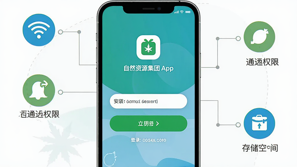 ��������Ϊһ���ֻ���Ļչʾ��Ȼ��Դ����App��װ��ɺ�ĵ�¼���棬�Ա���ͼ����ʽ����WiFi��֪ͨȨ����洢�ռ����ʾԪ�أ��ֻ����У������Լ���������Ӹ���ʾͼ�꣬�γ�����ʽ���֣����Ϊ��ƽ����Ϣͼ��ϸ��ͻ����¼��ť��Ȩ����ʾ�����ʸɾ��������޶���Ԫ��