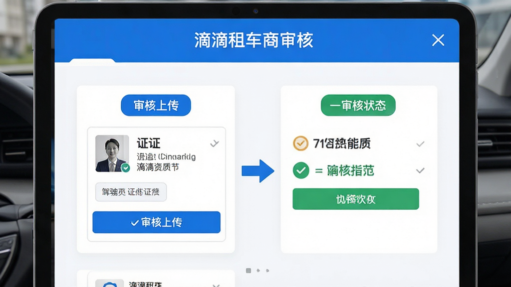 滴滴租车商家端驾驶员资质审核页面示意图,展示证件上传与审核状态标签,界面整洁,蓝白配色,突出审核流程的规范性