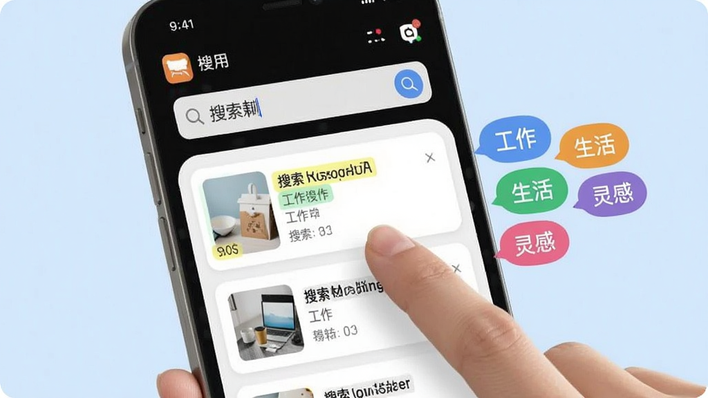 画面展示手机屏幕上的有枝应用搜索界面,搜索框内输入了关键词,下方弹出多条带有高亮标记的搜索结果卡片,屏幕右侧悬浮着彩色标签云,标签包括“工作”“生活”“灵感”等字样,背景为柔和的浅蓝色,画面中有一只手正点击其中一条结果,整体风格清爽直观,画质清晰,无多余元素