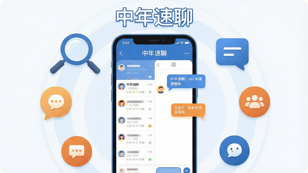 画面主体是一部智能手机,屏幕中显示“中年速聊”聊天界面,左侧为会话列表右侧为对话窗口,周围环绕放大镜、对话气泡、群组图标等社交元素;布局采用居中构图,手机位于画面中央,功能图标呈环形分布;排版简洁明快,标题文字“中年速聊”置于画面顶部;风格为扁平化科技插画风,配色以蓝白为主辅以暖橙点缀;细节上突出聊天气泡与用户头像的质感,界面元素清晰可辨;画质高清,画面干净,无多余元素